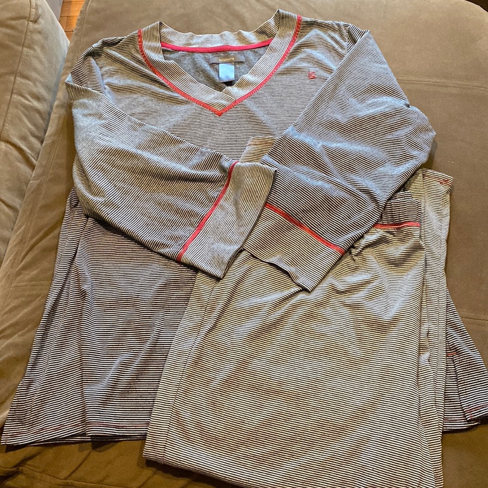 Liz Claiborne Fine Black and White Striped Pajama Set with Red Stitching